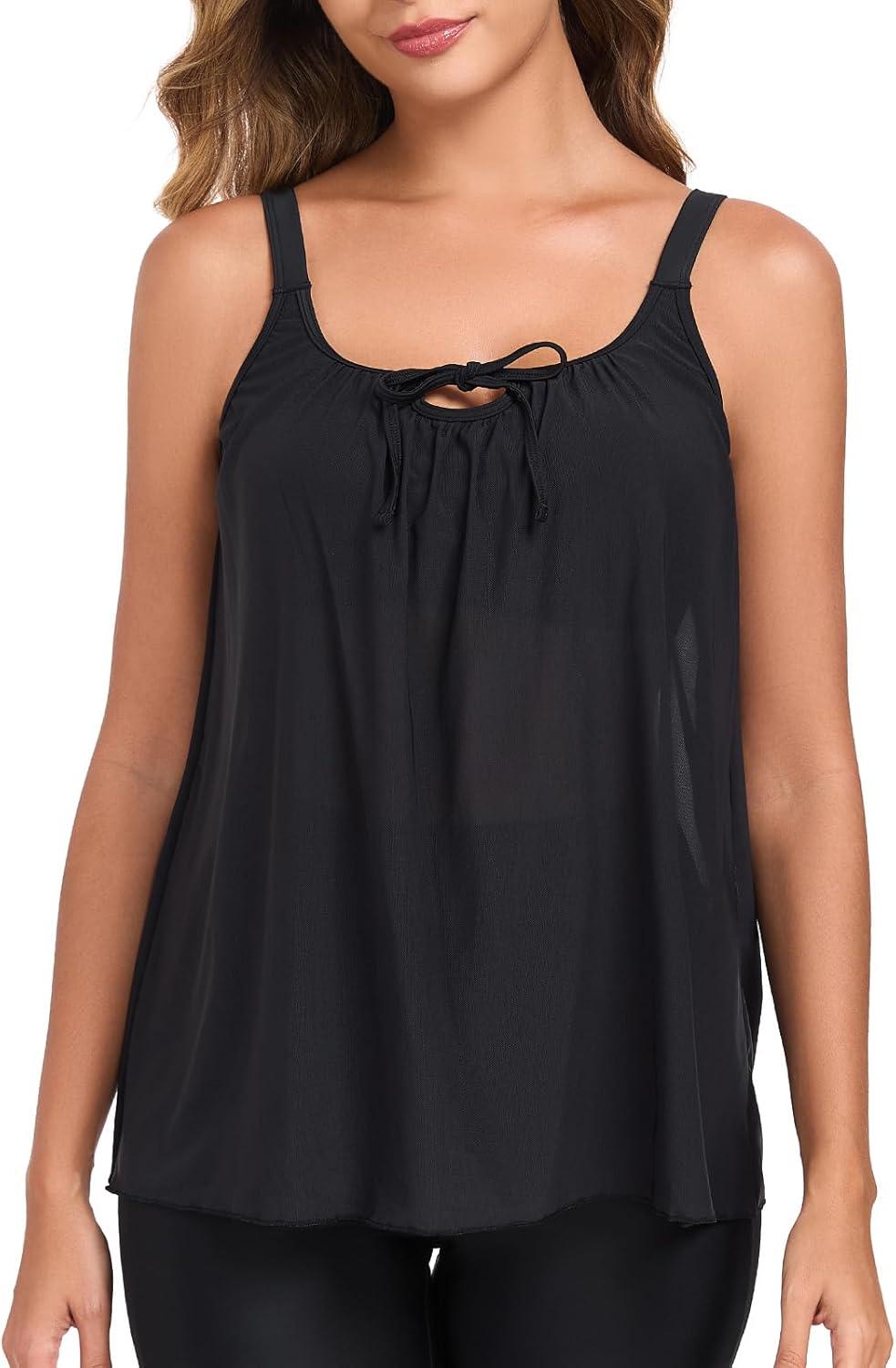 image:imageOcean Blues Womens Mesh Tankini Top Blouson Tankini Bathing Suit Top Loose Fit SwimsuitBlack