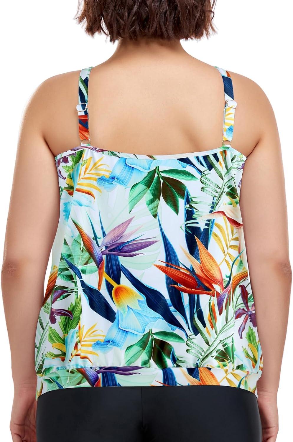 image:imageOcean Blues Womens Plus Size Tankini Top Only Loose Fit Blouson Tankini Bathing Suit TopLeaf Print