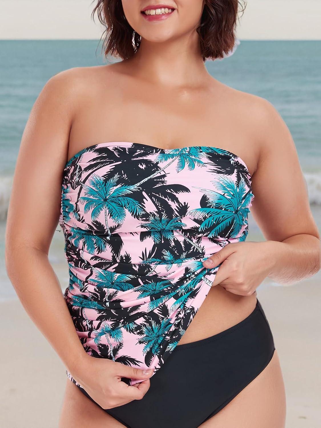 image:imageOcean Blues Womens Strapless Bandeau Tankini Top Tummy Control Bathing Suit Top OnlyPink Leaves