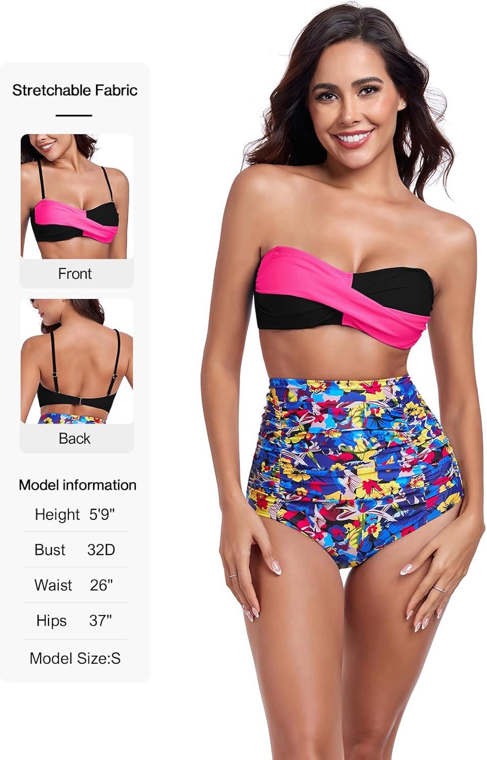 image:imageOcean Blues Womens Strapless Bikini Top Bandeau Swimsuit Off Shoulders Bikini Top WireFree Bathing Suit TopBlack and Hot Pink