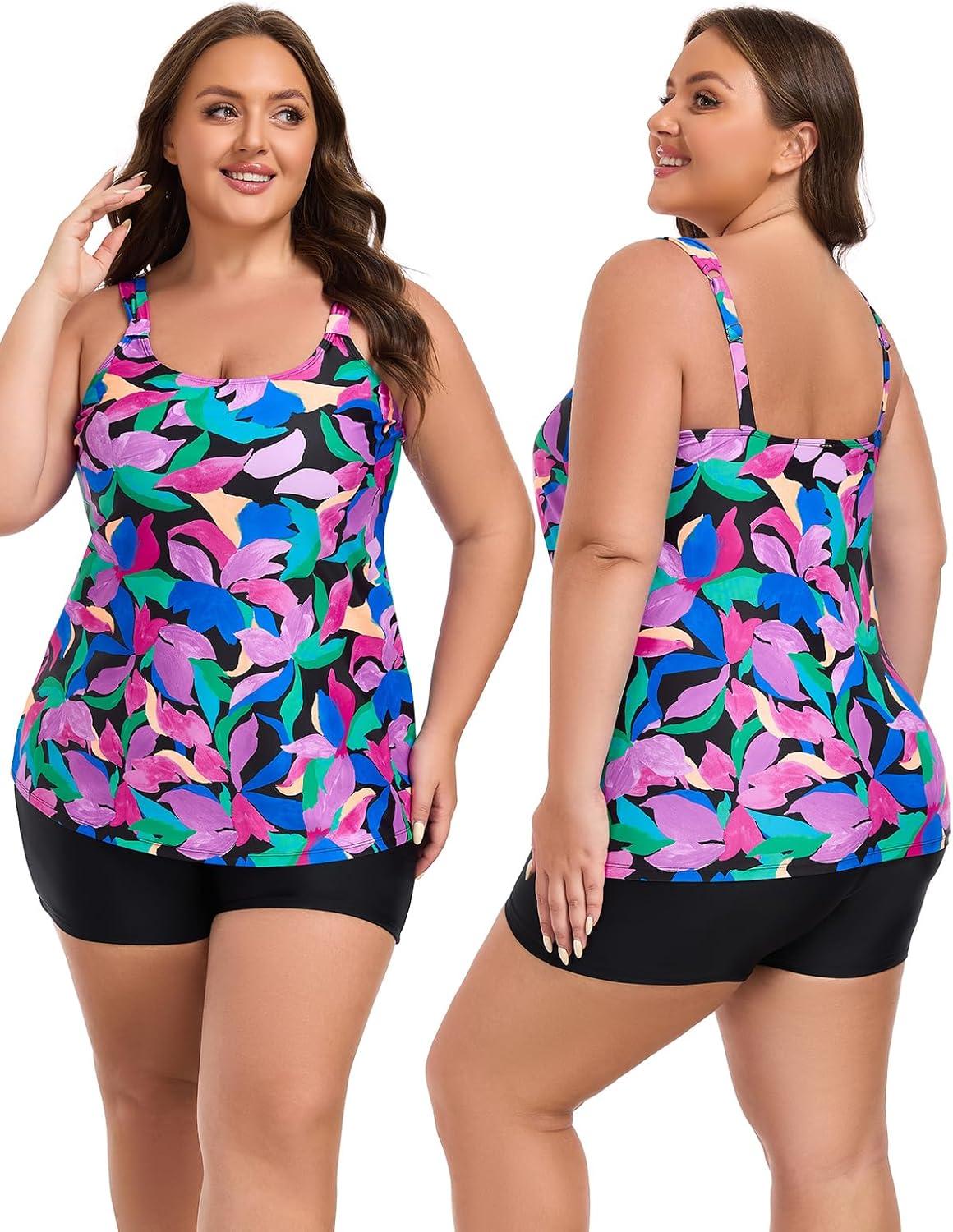 image:imageOcean Blues Womens Tankini Swimsuits Two Piece Bathing Suits Loose Fit Tank Top with BoyshortsColorful Leaves