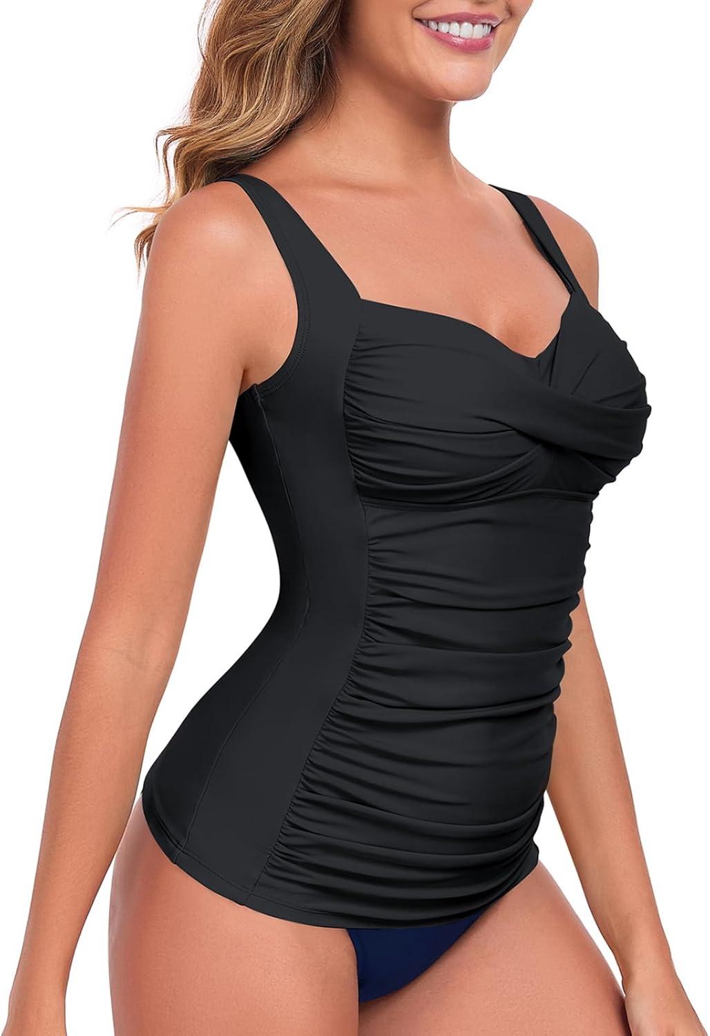 image:imageOcean Blues Womens Tummy Control Tankini Top with Twist Front WireFree Molded Cups Swim TopBlack