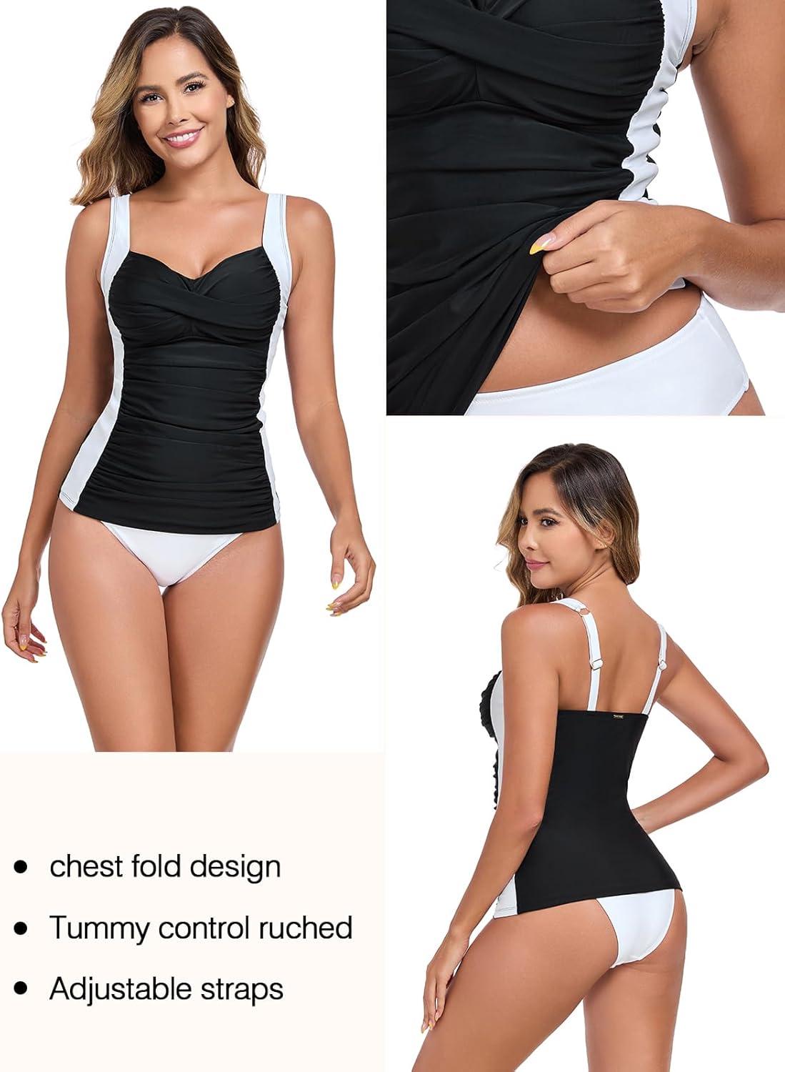 image:imageOcean Blues Womens Tummy Control Tankini Top with Twist Front WireFree Molded Cups Swim TopBlackwhite