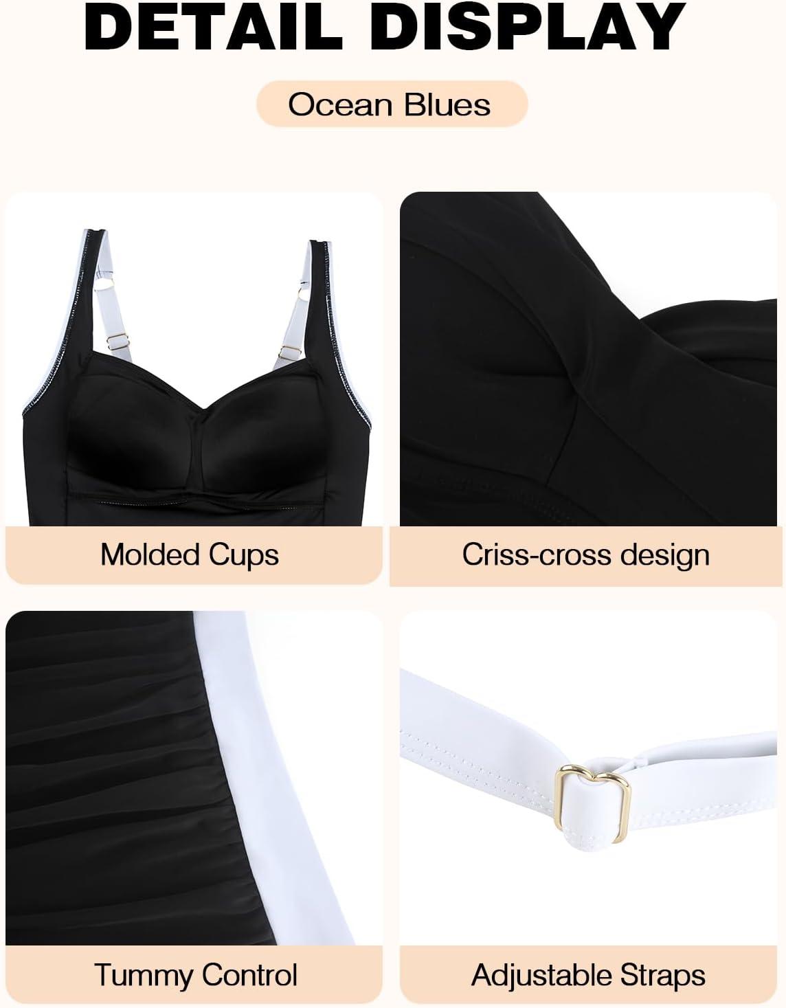 image:imageOcean Blues Womens Tummy Control Tankini Top with Twist Front WireFree Molded Cups Swim TopBlackwhite