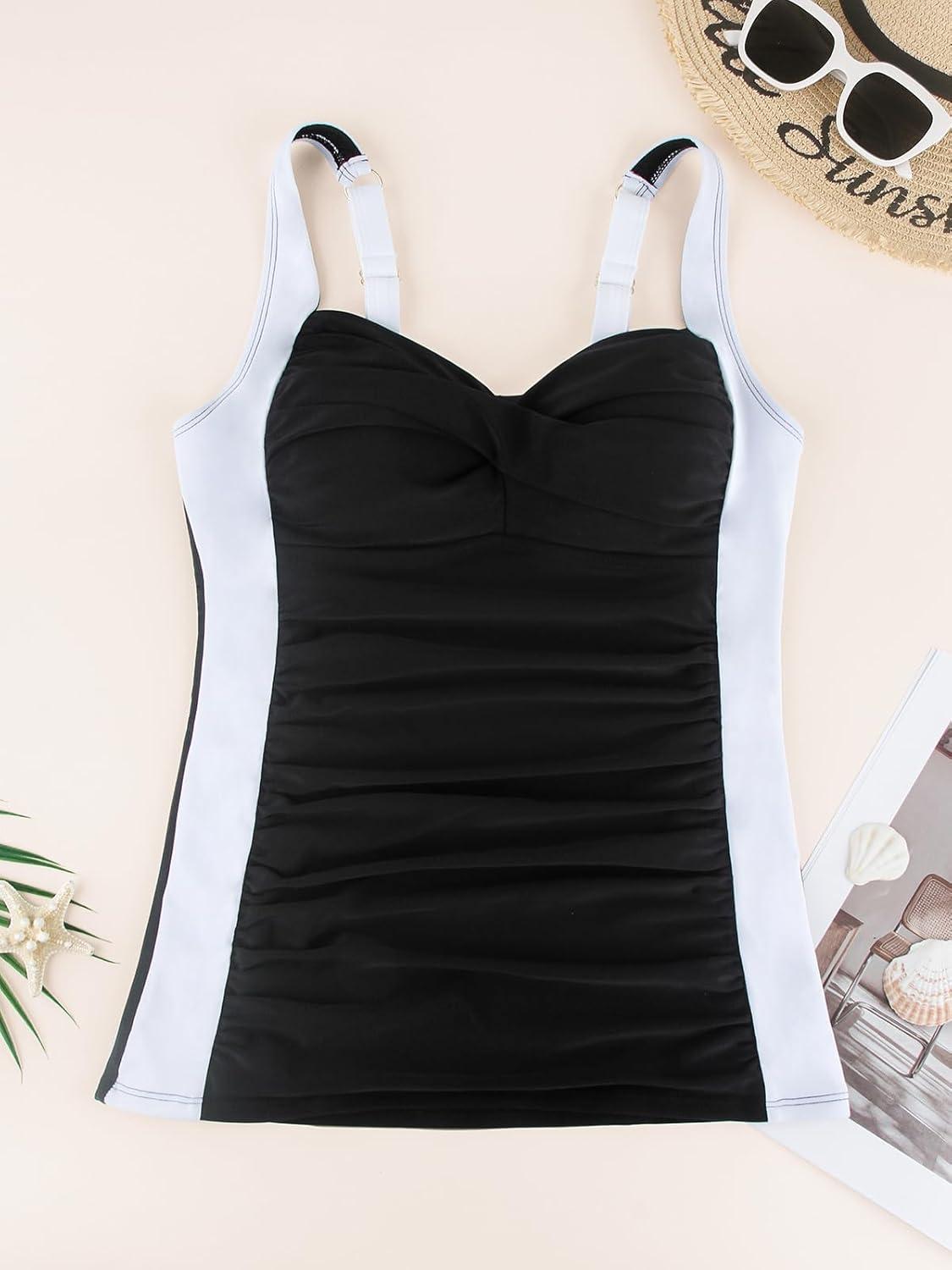 image:imageOcean Blues Womens Tummy Control Tankini Top with Twist Front WireFree Molded Cups Swim TopBlackwhite