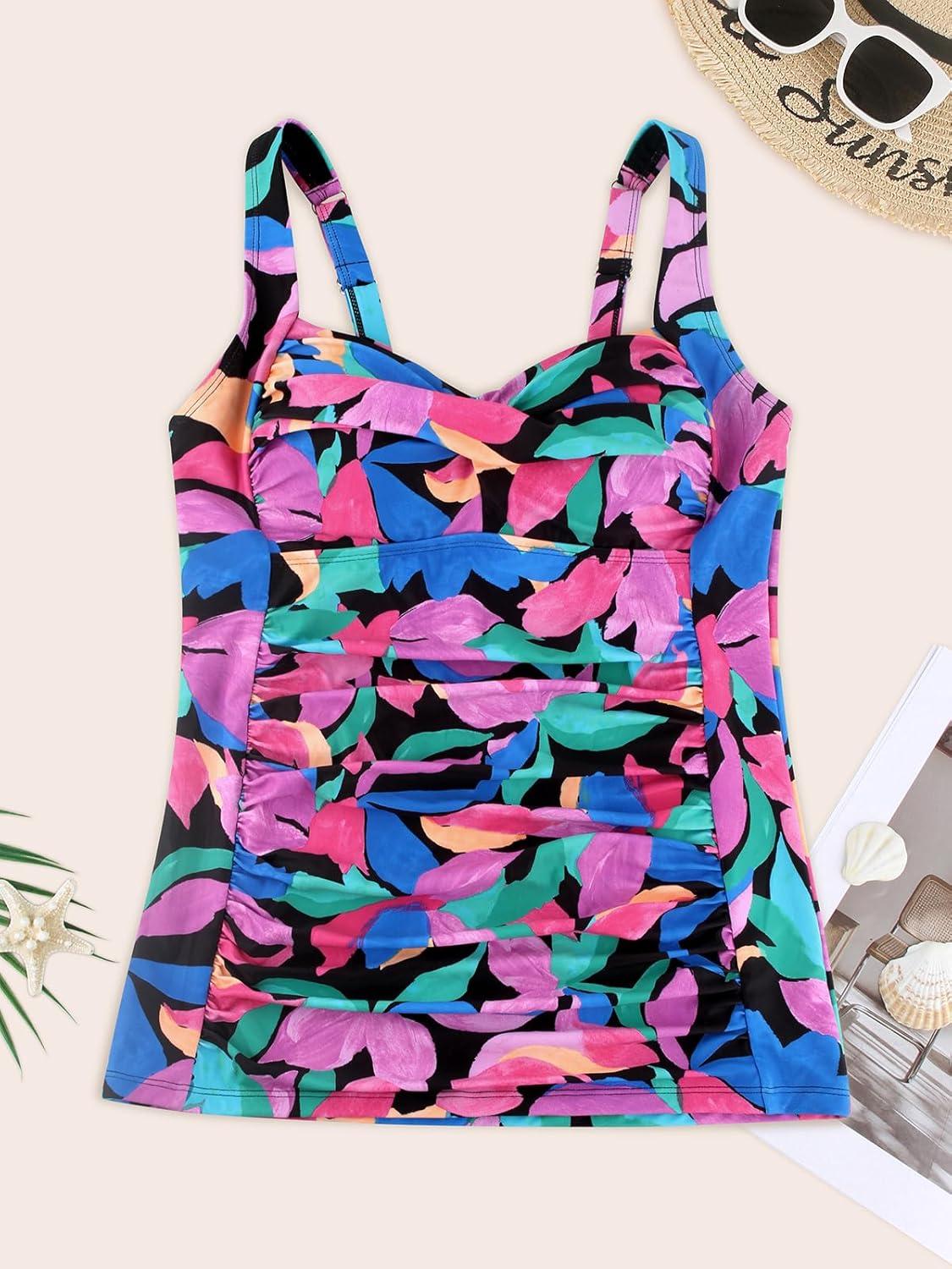 image:imageOcean Blues Womens Tummy Control Tankini Top with Twist Front WireFree Molded Cups Swim TopColorful Leaves