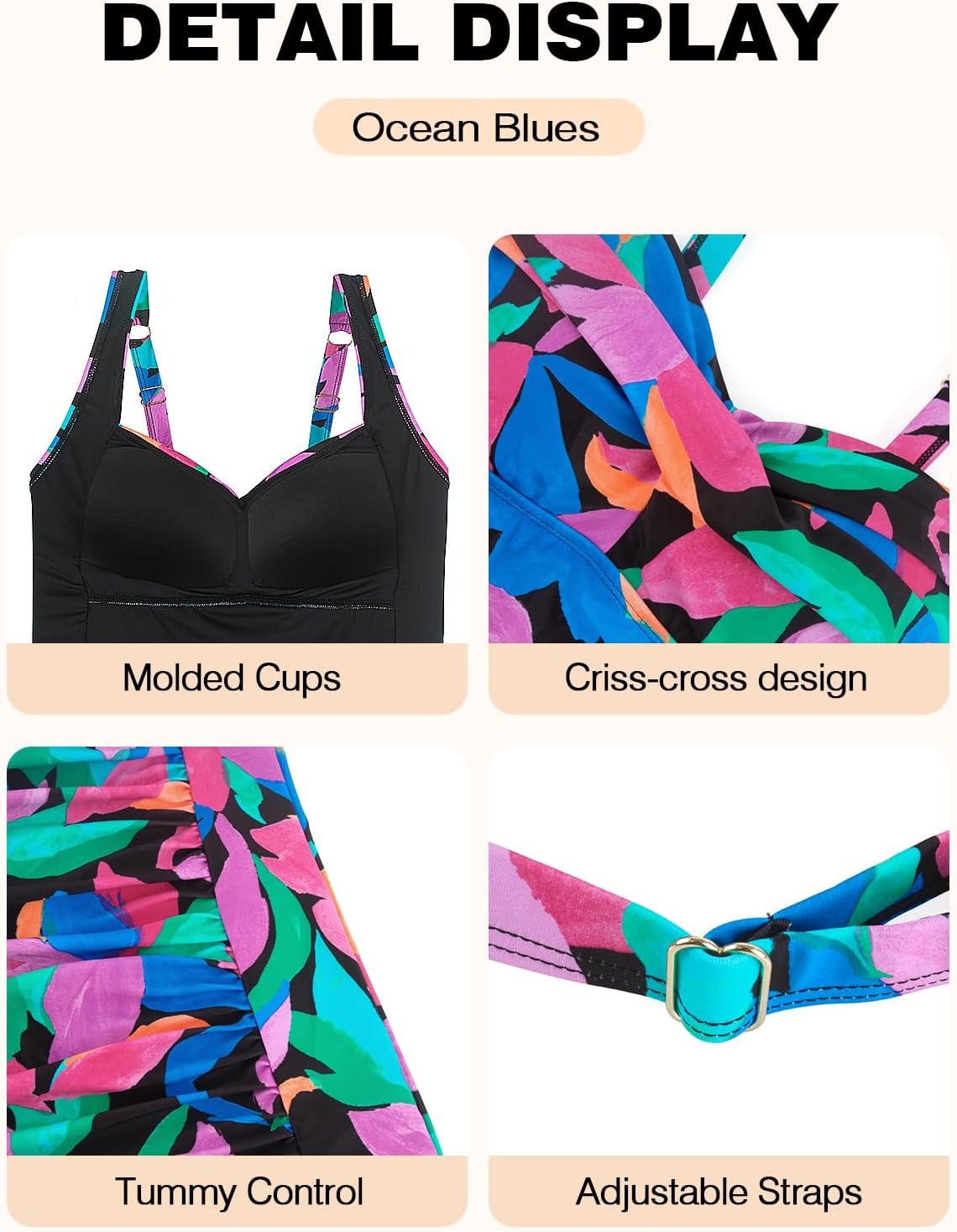 image:imageOcean Blues Womens Tummy Control Tankini Top with Twist Front WireFree Molded Cups Swim TopColorful Leaves