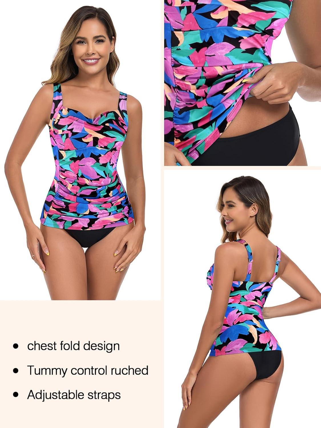 image:imageOcean Blues Womens Tummy Control Tankini Top with Twist Front WireFree Molded Cups Swim TopColorful Leaves
