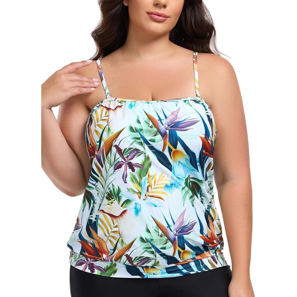 image:imageOcean Blues Womens Plus Size Bandeau Tankini Top Only LooseFitting SwimsuitLeaf Print