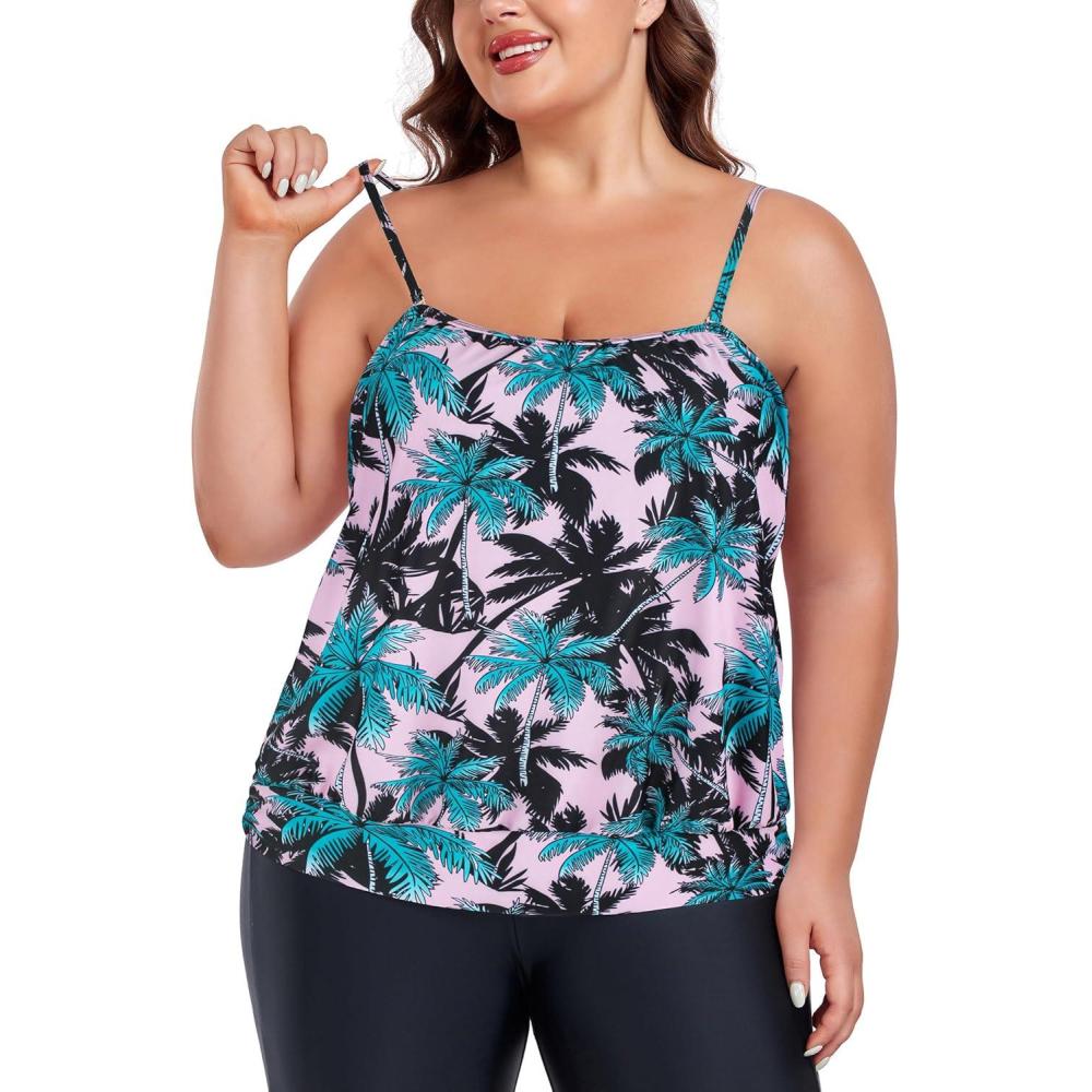 image:imageOcean Blues Womens Plus Size Bandeau Tankini Top Only LooseFitting SwimsuitLeaf Print Coconut Tree