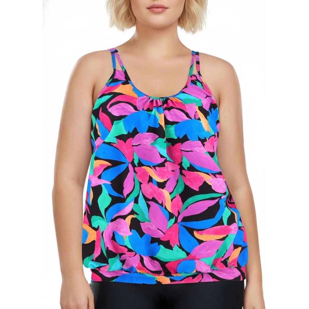 image:imageOcean Blues Womens Plus Size Tankini Top Only Loose Fit Blouson Tankini Bathing Suit TopColorful Leaves