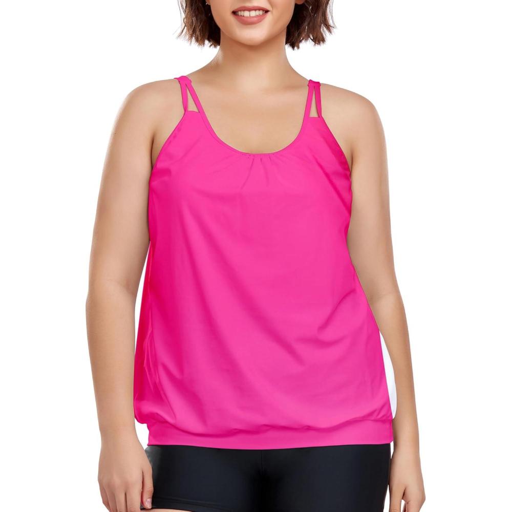 image:imageOcean Blues Womens Plus Size Tankini Top Only Loose Fit Blouson Tankini Bathing Suit TopHot Pink