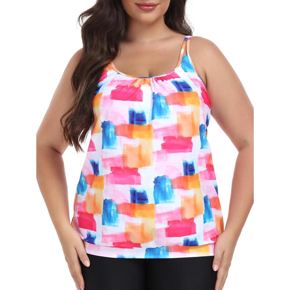 image:imageOcean Blues Womens Plus Size Tankini Top Only Loose Fit Blouson Tankini Bathing Suit TopMulticoloured