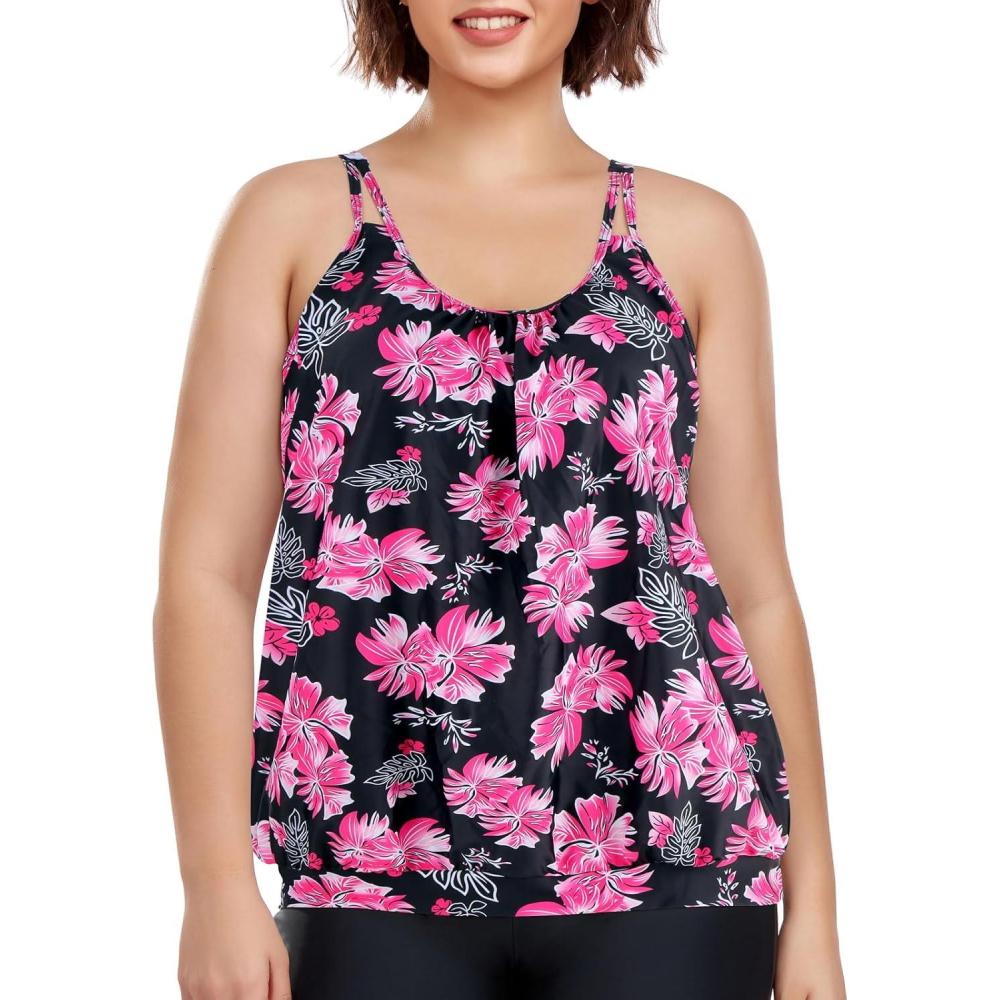 image:imageOcean Blues Womens Plus Size Tankini Top Only Loose Fit Blouson Tankini Bathing Suit TopRose Redbud