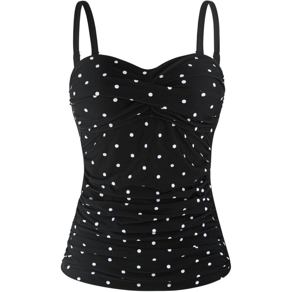 image:imageOcean Blues Womens Strapless Bandeau Swimsuit Top Ruched Tummy Control Tankini Top OnlyBlack Polka Dot