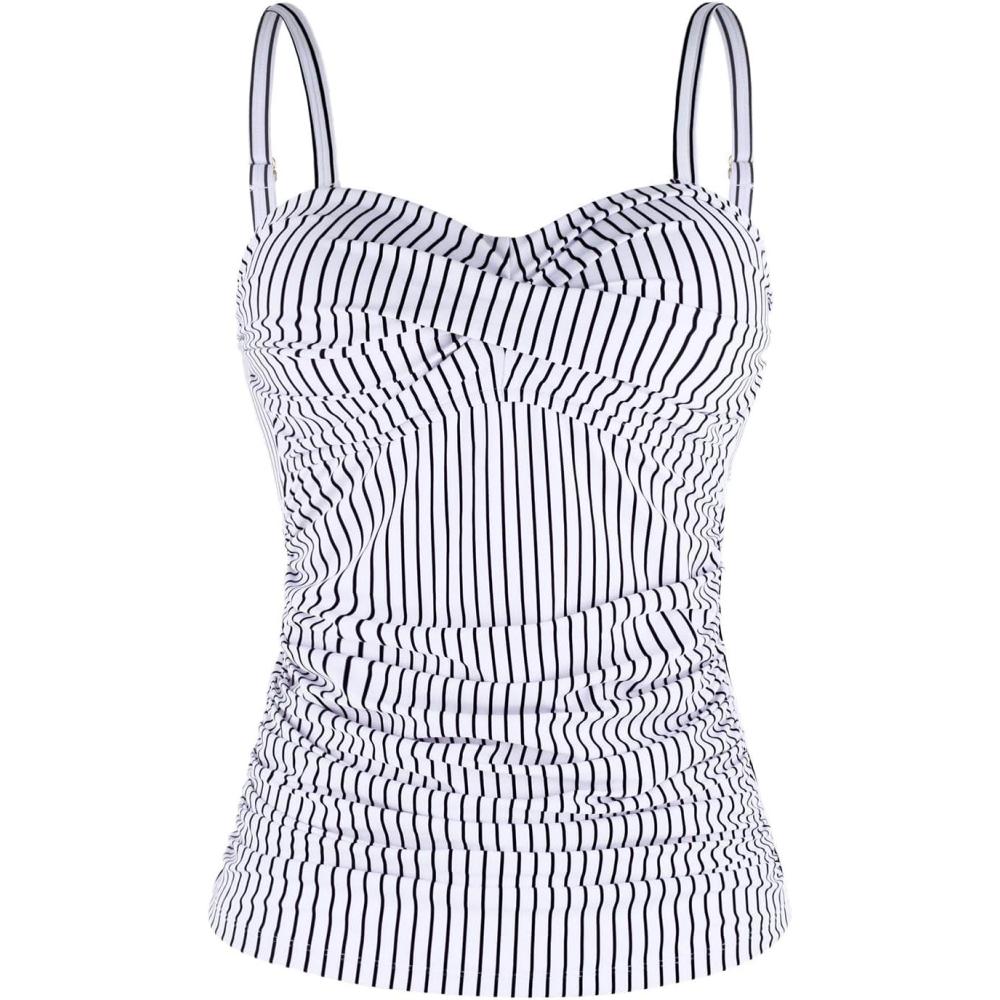 image:imageOcean Blues Womens Strapless Bandeau Swimsuit Top Ruched Tummy Control Tankini Top OnlyBlack Striped