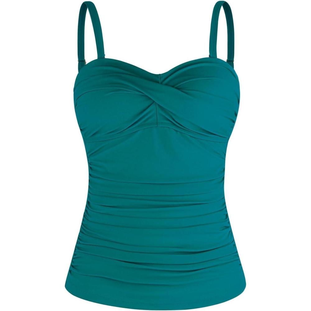 image:imageOcean Blues Womens Strapless Bandeau Swimsuit Top Ruched Tummy Control Tankini Top OnlyDark Teal