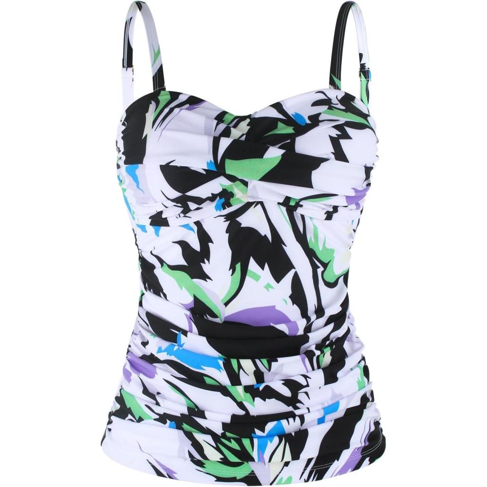 image:imageOcean Blues Womens Strapless Bandeau Swimsuit Top Ruched Tummy Control Tankini Top OnlyFloral Print