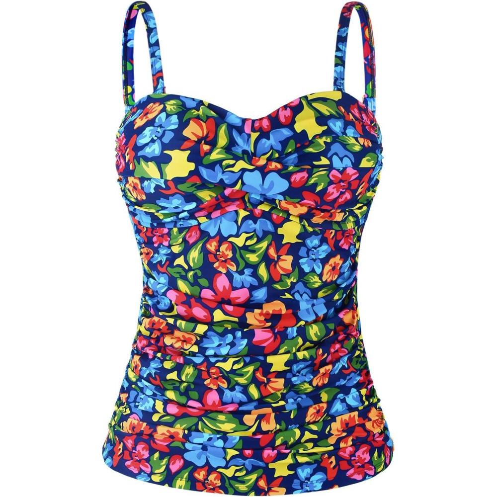 image:imageOcean Blues Womens Strapless Bandeau Swimsuit Top Ruched Tummy Control Tankini Top OnlyFlower Garden