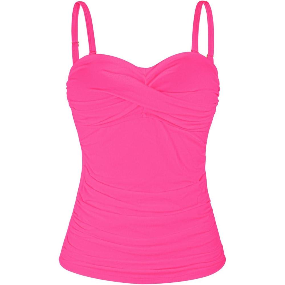 image:imageOcean Blues Womens Strapless Bandeau Swimsuit Top Ruched Tummy Control Tankini Top OnlyHot Pink