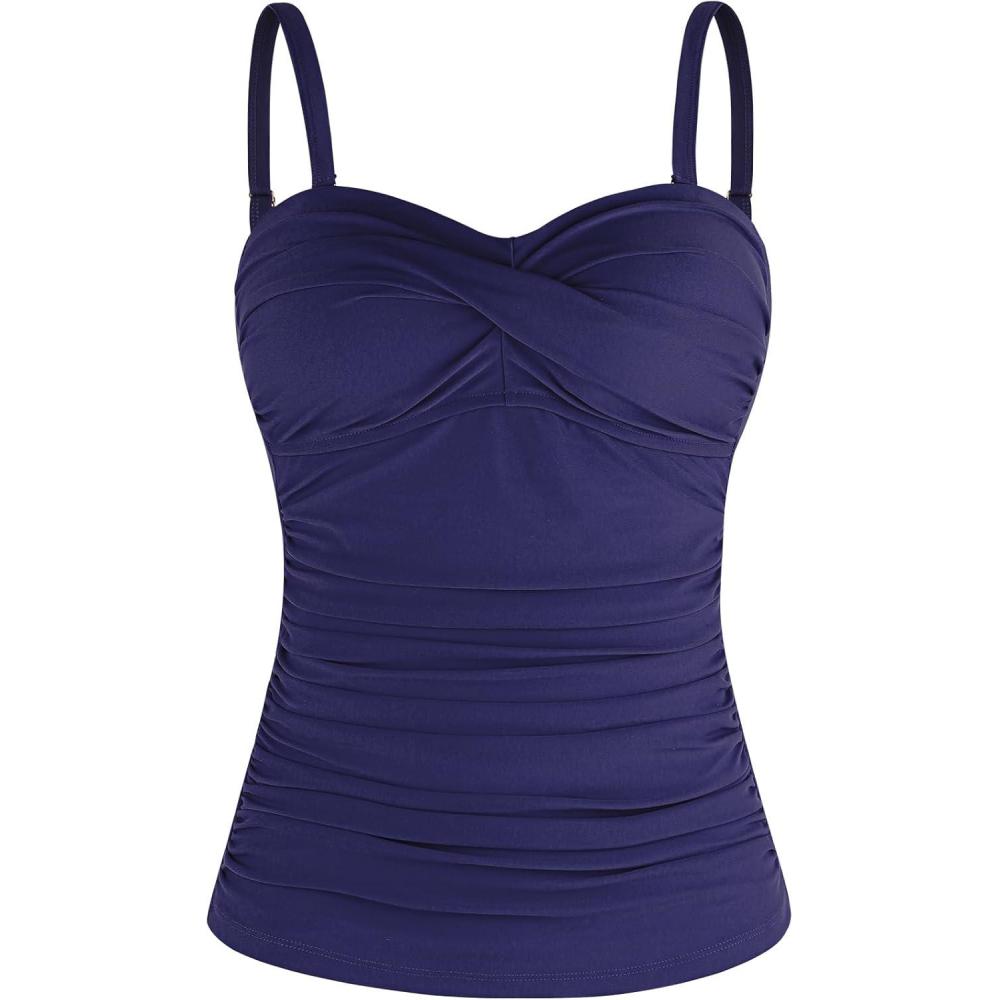 image:imageOcean Blues Womens Strapless Bandeau Swimsuit Top Ruched Tummy Control Tankini Top OnlyNavy Blue