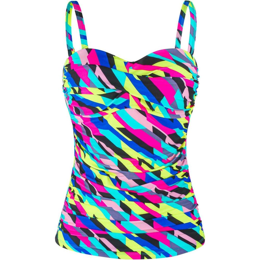image:imageOcean Blues Womens Strapless Bandeau Swimsuit Top Ruched Tummy Control Tankini Top OnlyNeon Striped