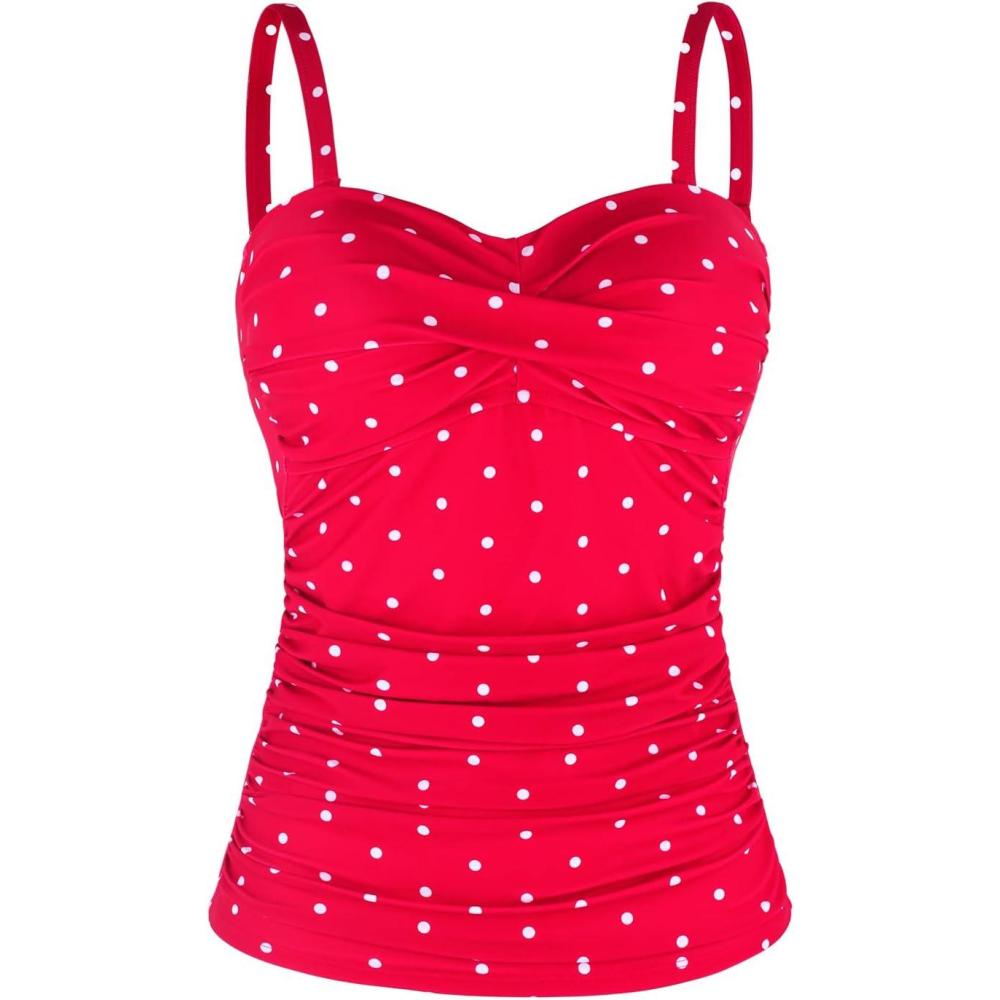 image:imageOcean Blues Womens Strapless Bandeau Swimsuit Top Ruched Tummy Control Tankini Top OnlyRed Polka Dot