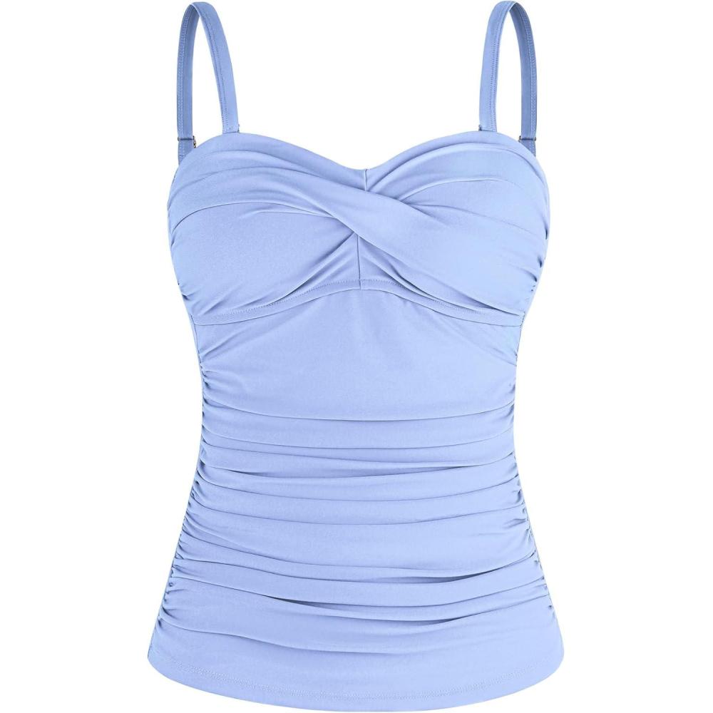 image:imageOcean Blues Womens Strapless Bandeau Swimsuit Top Ruched Tummy Control Tankini Top OnlySea Blue