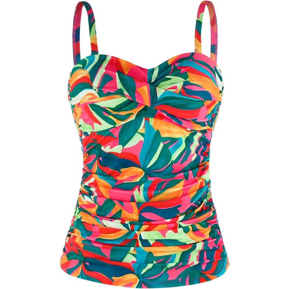 image:imageOcean Blues Womens Strapless Bandeau Swimsuit Top Ruched Tummy Control Tankini Top OnlyTropical Leaves