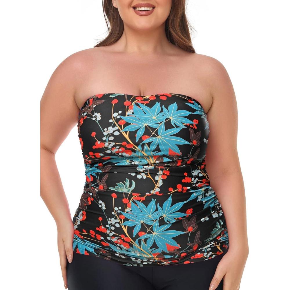 image:imageOcean Blues Womens Strapless Bandeau Tankini Top Tummy Control Bathing Suit Top OnlyLeaf Pattern