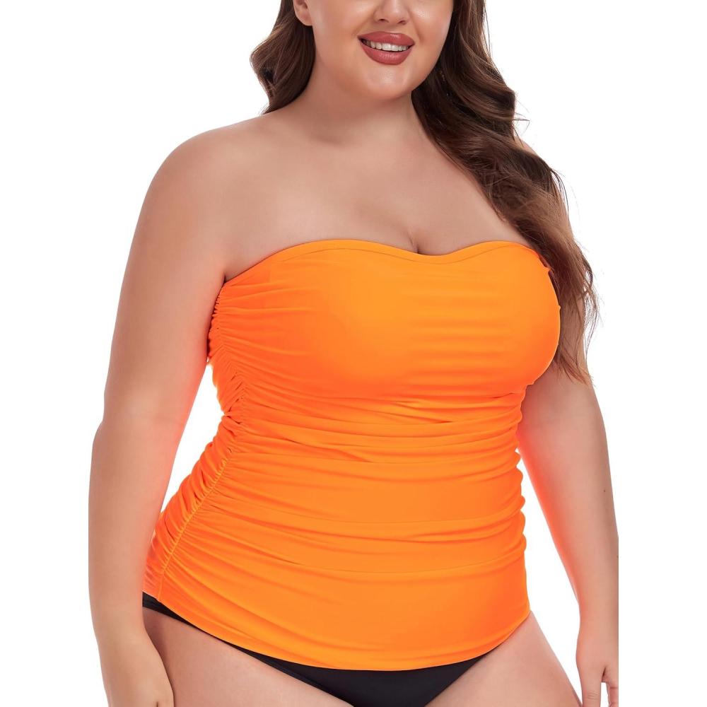 image:imageOcean Blues Womens Strapless Bandeau Tankini Top Tummy Control Bathing Suit Top OnlyNeon Orange