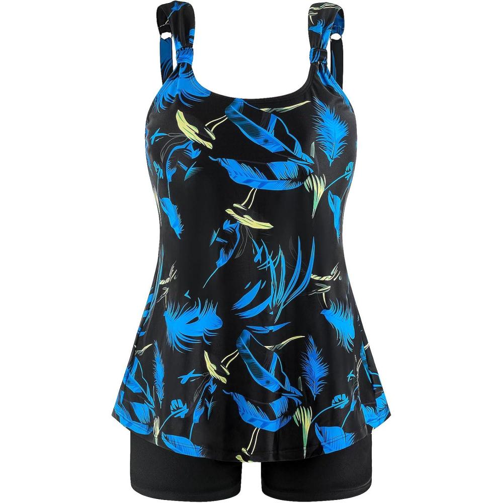 image:imageOcean Blues Womens Tankini Swimsuits Two Piece Bathing Suits Loose Fit Tank Top with BoyshortsFeather Print