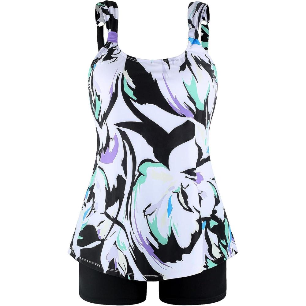 image:imageOcean Blues Womens Tankini Swimsuits Two Piece Bathing Suits Loose Fit Tank Top with BoyshortsFloral Print
