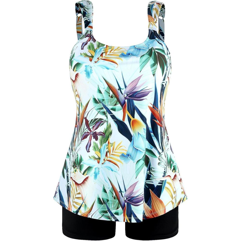 image:imageOcean Blues Womens Tankini Swimsuits Two Piece Bathing Suits Loose Fit Tank Top with BoyshortsLeaf Print