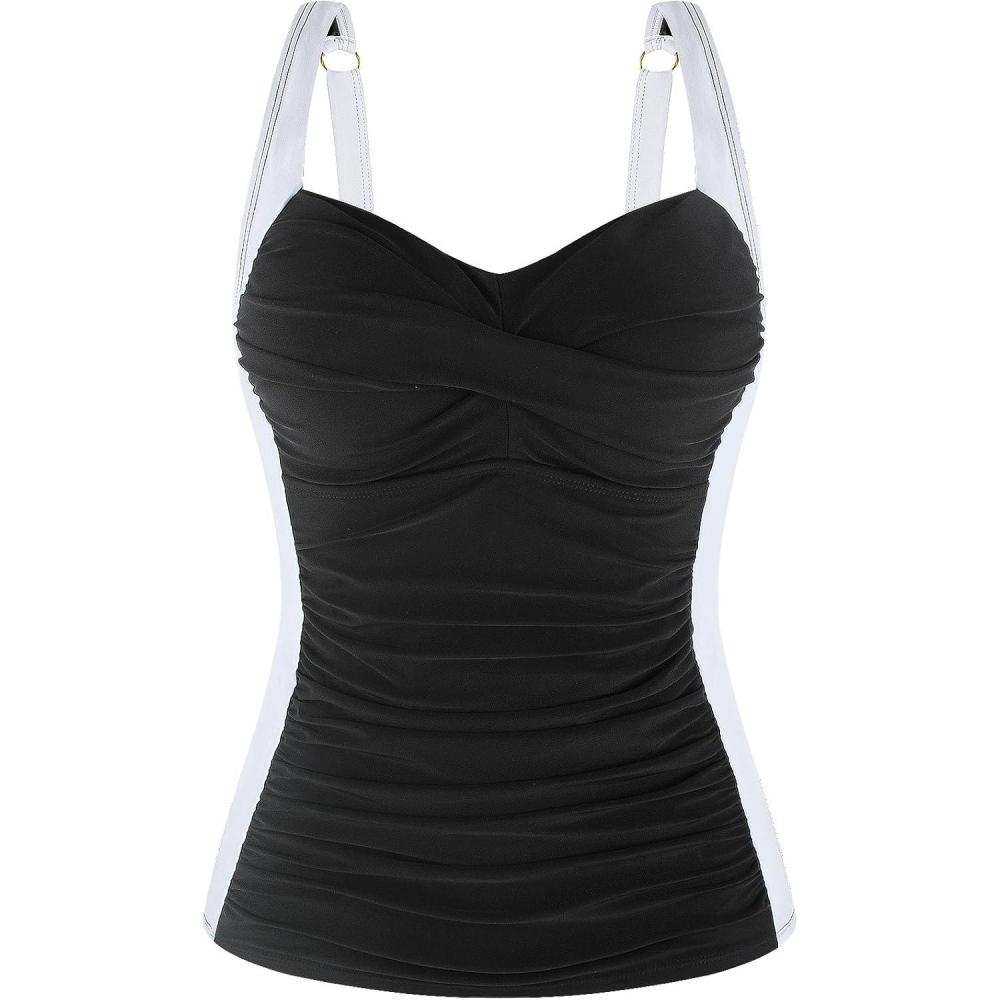 image:imageOcean Blues Womens Tummy Control Tankini Top with Twist Front WireFree Molded Cups Swim TopBlackwhite