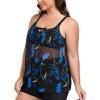 Ocean Blues Women’s Mesh Tankini Top Blouson Tankini Bathing Suit Top Loose Fit Swimsuit(Feather Print)