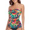 Ocean Blues Women’s Strapless Bandeau Swimsuit Top Ruched Tummy Control Tankini Top Only(Tropical Leaves)
