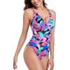 Ocean Blues Women’s V-Neck One Piece Swimsuit Tummy Control One Piece Bathing Suit(Colorful Leaves)