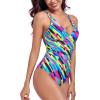 Ocean Blues Women’s V-Neck One Piece Swimsuit Tummy Control One Piece Bathing Suit(Neon Striped)