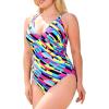 Ocean Blues Women’s V-Neck One Piece Swimsuit Tummy Control One Piece Bathing Suit(Neon Striped)