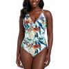 Ocean Blues Women’s V-Neck One Piece Swimsuit Tummy Control One Piece Bathing Suit(Leaf Print)