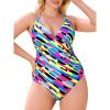 Ocean Blues Women’s V-Neck One Piece Swimsuit Tummy Control One Piece Bathing Suit(Neon Striped)