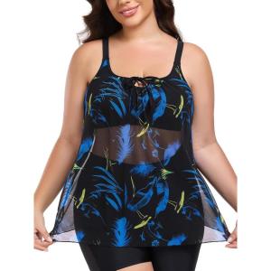 Ocean Blues Women’s Mesh Tankini Top Blouson Tankini Bathing Suit Top Loose Fit Swimsuit(Feather Print)