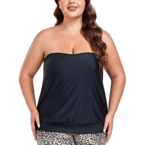Ocean Blues Women’s Plus Size Bandeau Tankini Top Only Loose-Fitting Swimsuit(Black)