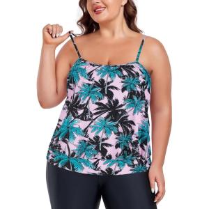 Ocean Blues Women’s Plus Size Bandeau Tankini Top Only Loose-Fitting Swimsuit(Leaf Print Coconut Tree)