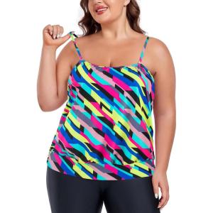 Ocean Blues Women’s Plus Size Bandeau Tankini Top Only Loose-Fitting Swimsuit(Neon Striped)