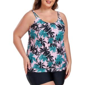 Ocean Blues Women’s Plus Size Tankini Top Only Loose Fit Blouson Tankini Bathing Suit Top(Coconut Tree)