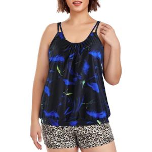 Ocean Blues Women’s Plus Size Tankini Top Only Loose Fit Blouson Tankini Bathing Suit Top(Feather Print)