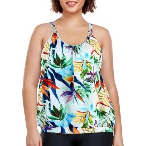Ocean Blues Women’s Plus Size Tankini Top Only Loose Fit Blouson Tankini Bathing Suit Top(Leaf Print)