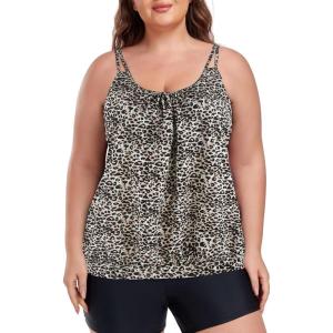 Ocean Blues Women’s Plus Size Tankini Top Only Loose Fit Blouson Tankini Bathing Suit Top(Leopard)